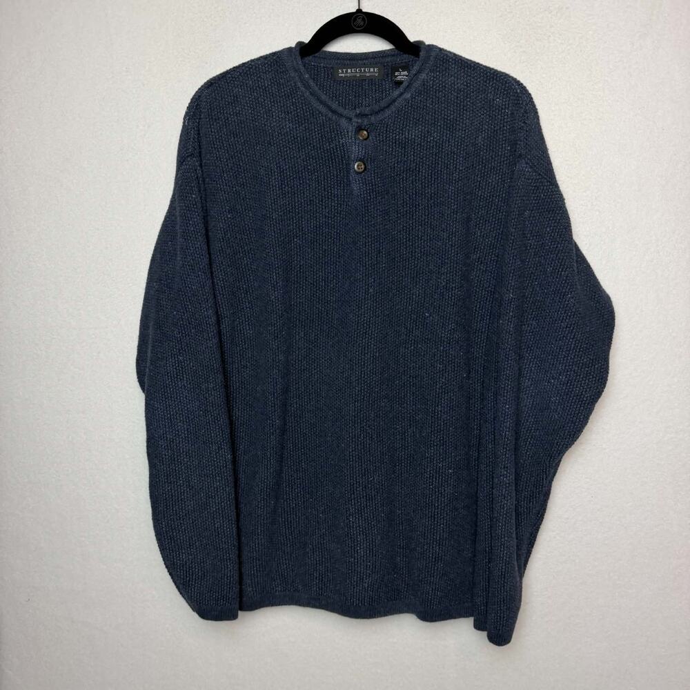 VTG 90s STRUCTURE Chunky Woven Ribbed Henley Sweater Men L Heavyweight Fisherman